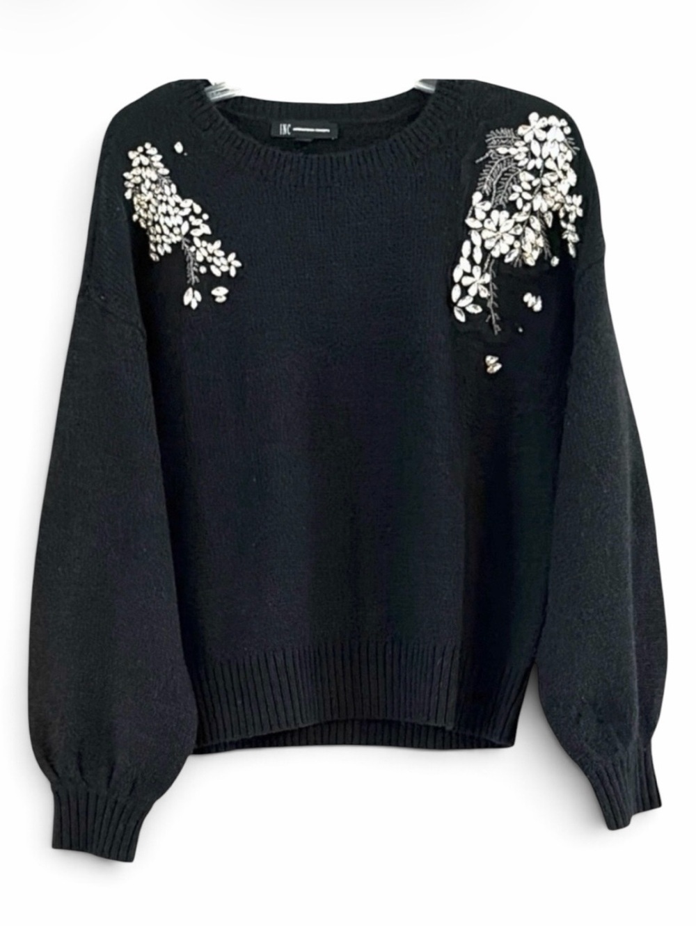 INC Black Crystal Floral Shoulder Sweater Rhinestone Embellished Crewneck Size S
